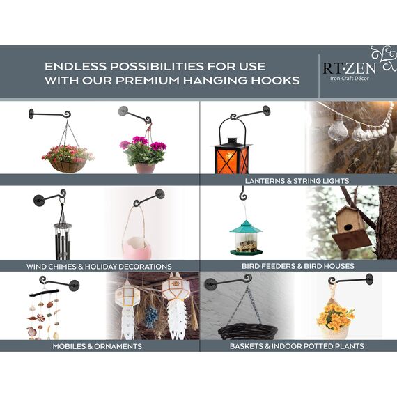 RTZEN Pflanzenaufhänger mit Wirbelhaken – handgeschmiedet, robust, schmiedeeiserne Wanddekoration – für den Innen- und Außenbereich, wirbelnd, Körbe und Windspiele, 2 Stück