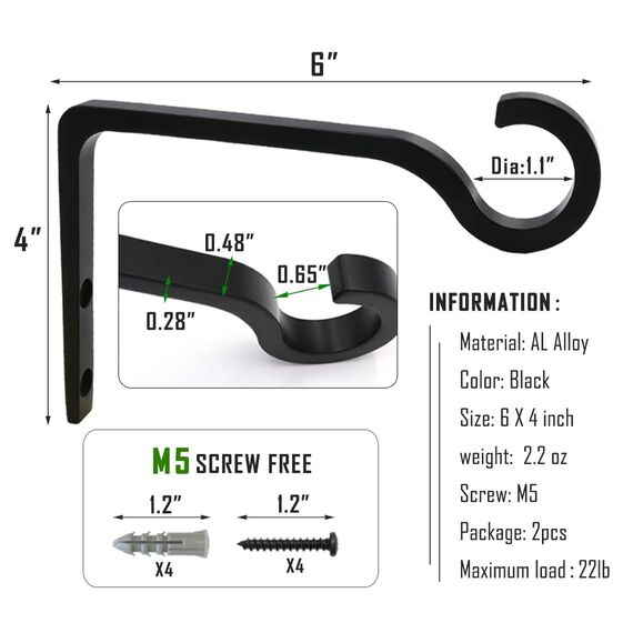QIEGL Hängende Pflanzenhalterung aus Metall, 15.2 cm, Hirtenhaken, dekorativer Wandaufhänger zum Aufhängen von Laternen, Vogelfutterspender, Heimdekoration für drinnen und draußen, 2 Stück (schwarz)