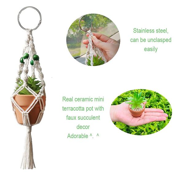 Mini-Makramee-Pflanzenaufhänger Rückspiegel Auto Kaktus Charme Dekorationen Boho hängende Pflanzenhalter Tiny Auto Sukkulenten Geschenke für Pflanzenliebhaber, 26,7 cm