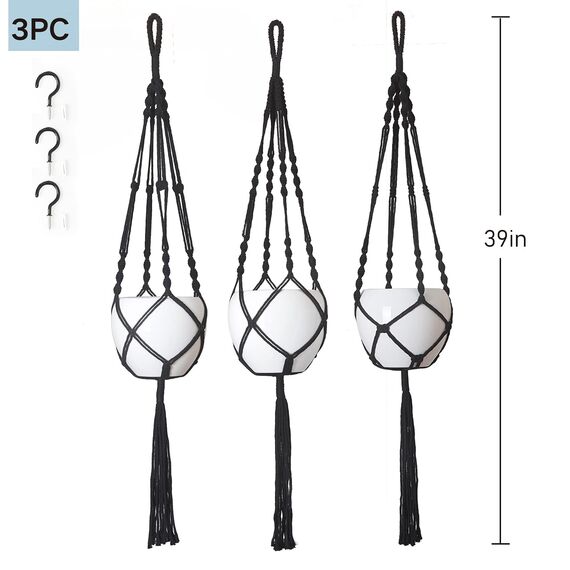 PROTITOUS Makramee-Pflanzenaufhänger, 3 Stück, schwarz, für den Innenbereich, Blumentopfhalter, Baumwollseil mit Deckenhaken, gleiche Größe, 4 Beine 99 cm