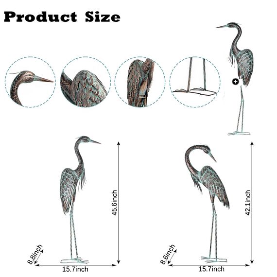 Kircust Gartenkranich-Statuen, stehender Metall-Patina-Reiher-Lockvogel, Outdoor-Statue, große Größe, Vogelhof-Kunst, für Terrasse, Rasen, Teich, 2 Stück