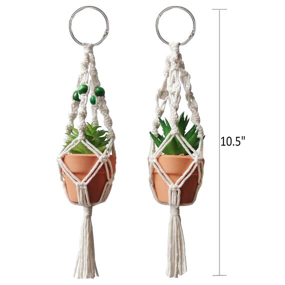 Mini-Makramee-Pflanzenaufhänger Rückspiegel Auto Kaktus Charme Dekorationen Boho hängende Pflanzenhalter Tiny Auto Sukkulenten Geschenke für Pflanzenliebhaber, 26,7 cm