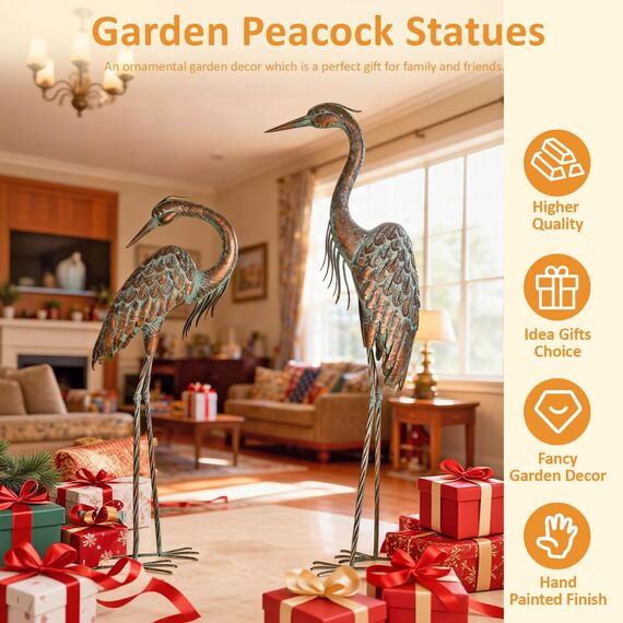 Kircust Gartenkranich-Statuen, stehender Metall-Patina-Reiher-Lockvogel, Outdoor-Statue, große Größe, Vogelhof-Kunst, für Terrasse, Rasen, Teich, 2 Stück