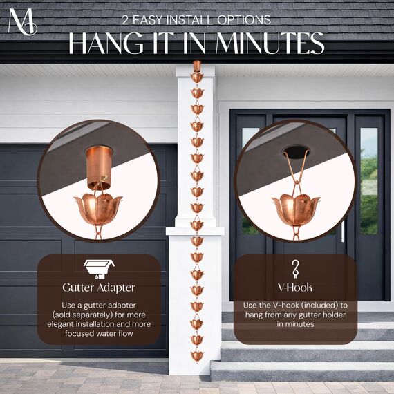 Monarch Pure Copper Lotus Rain Chain, 8-1/2-Feet Length