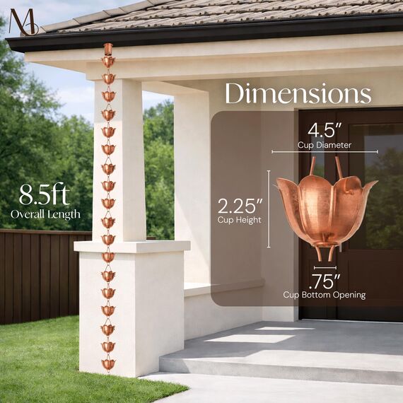 Monarch Pure Copper Lotus Rain Chain, 8-1/2-Feet Length