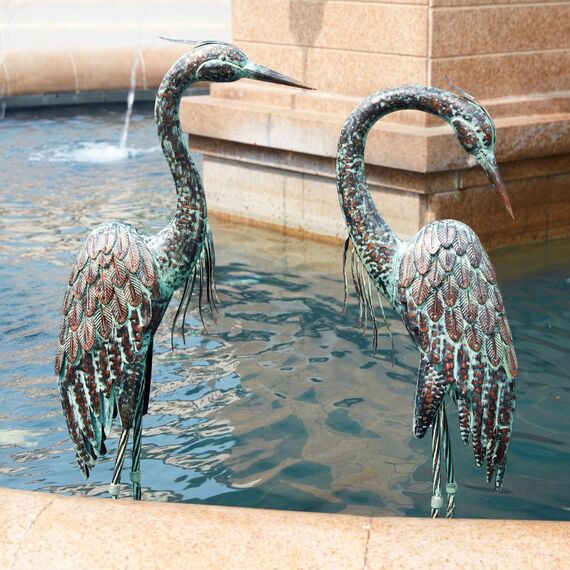 Kircust Gartenkranich-Statuen, stehender Metall-Patina-Reiher-Lockvogel, Outdoor-Statue, große Größe, Vogelhof-Kunst, für Terrasse, Rasen, Teich, 2 Stück