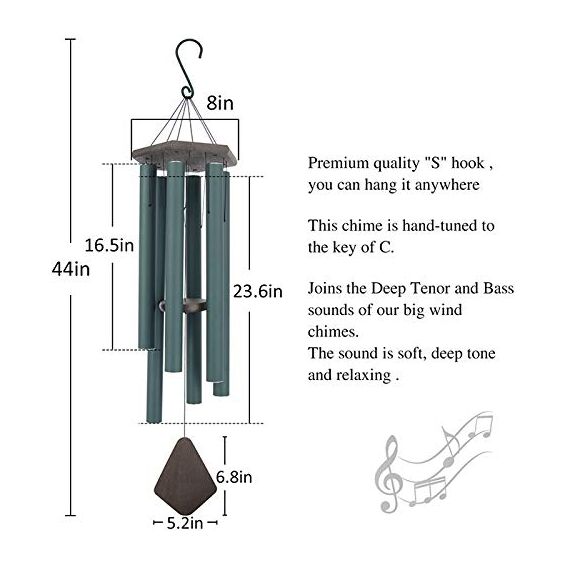 Große Outdoor-Windspiele mit tiefem Klang, Sympathie-Windspiel für draußen, Gedenk-Windspiel mit 6 gestimmten Röhren, Elegantes Windspiel für Garten, Terrasse, Balkon und Wohnkultur, mattgrün