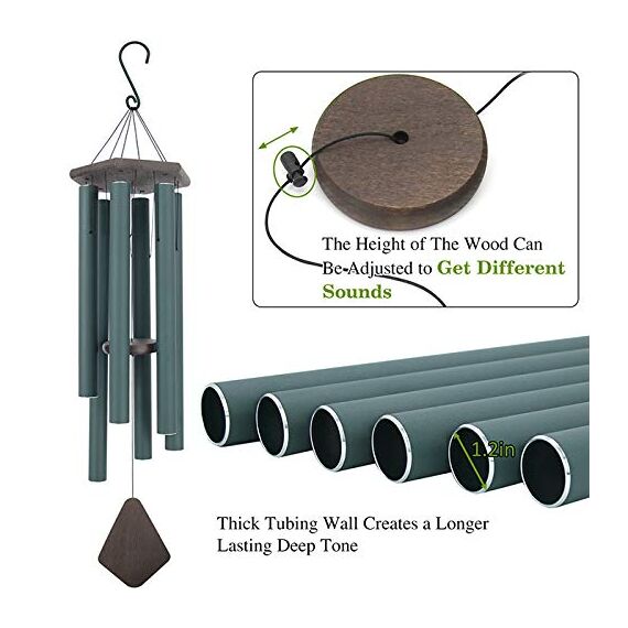 Große Outdoor-Windspiele mit tiefem Klang, Sympathie-Windspiel für draußen, Gedenk-Windspiel mit 6 gestimmten Röhren, Elegantes Windspiel für Garten, Terrasse, Balkon und Wohnkultur, mattgrün