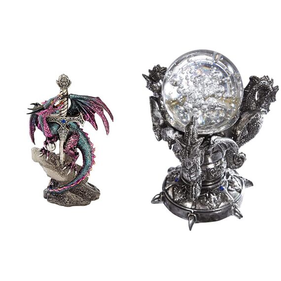 Design Toscano Drachenschwert, Maße: 12.5 x 9 x 20.5 cm 0.5 kg & Drachen des Corfu Schlosses Gothic-Deko Statue, Polyresin und Glas, zweifarbig schwarz und Silber, 13 cm