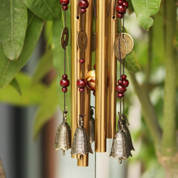 Bwinka Chinesisches traditionelles Retro-Windspiel, 4 Röhren, 5 Glocken, Bronze, Garten, Outdoor, Wohnen, 60 cm