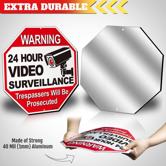 ANLEY 24-Stunden-Videoüberwachungs-Warnschild aus Aluminium, Eindringlinge werden strafrechtlich verfolgt - Kein Sicherheitsalarm - UV-geschützt und wetterfest - 12 "x 12"