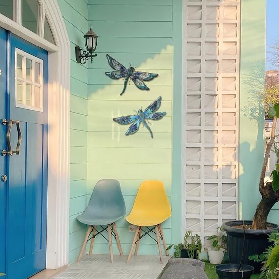 Liffy Metall Libelle Wanddekoration im Freien Zaun Kunst außerhalb hängende Dekorationen für Garten, Wohnzimmer, Schlafzimmer (Blue03)