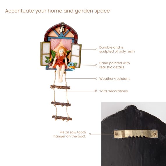 Bits and Pieces – Feenhaus mit Strickleiter, hängende Baumskulptur – skurrile handbemalte Gartendekoration aus Polyharz