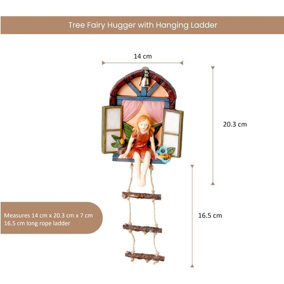 Bits and Pieces – Feenhaus mit Strickleiter, hängende Baumskulptur – skurrile handbemalte Gartendekoration aus Polyharz