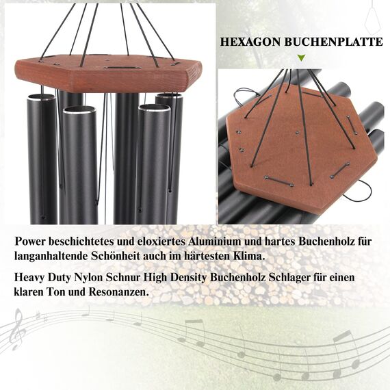 Große Windspiele für den Außenbereich mit tiefem Klang, 111,8 cm, Gedenk-Windspiel, Outdoor-Windspiele als Geschenk zum Einzug, Muttertag, Weihnachten, Dekoration für Terrasse, Garten und Hof, schwarz