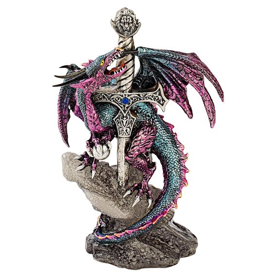 Design Toscano Drachenschwert, Maße: 12.5 x 9 x 20.5 cm 0.5 kg & Drachen des Corfu Schlosses Gothic-Deko Statue, Polyresin und Glas, zweifarbig schwarz und Silber, 13 cm