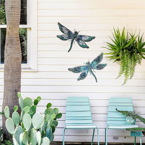 Liffy Metall Libelle Wanddekoration im Freien Zaun Kunst außerhalb hängende Dekorationen für Garten, Wohnzimmer, Schlafzimmer (Blue03)