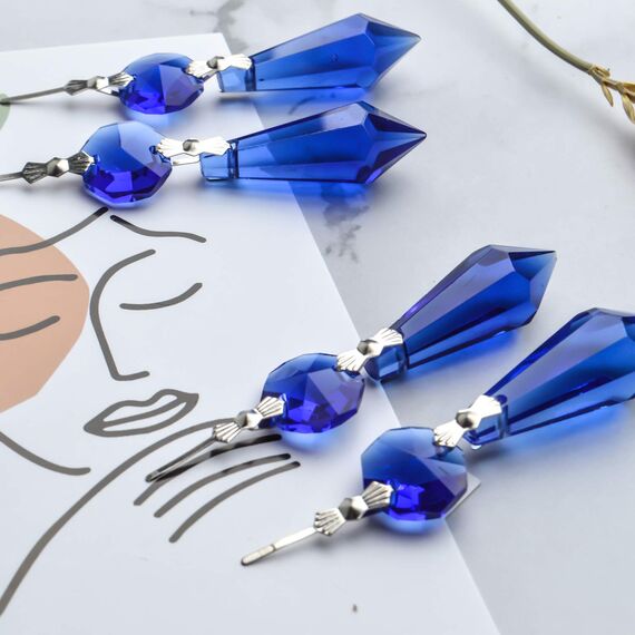 20 Stück Kronleuchter Eiszapfen Kristall U-Tropfen Prismen Lampenteile Glasanhänger Perlen für Hochzeit, Party oder Urlaubsdekoration, 37 mm, Blau