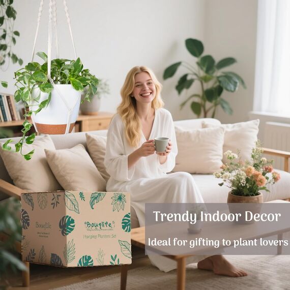 Bouqlife Makramee-Pflanzenhänger mit selbstbewässernden Töpfen, 3 Stück, hängende Pflanzgefäße für Zimmerpflanzen