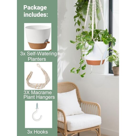 Bouqlife Makramee-Pflanzenhänger mit selbstbewässernden Töpfen, 3 Stück, hängende Pflanzgefäße für Zimmerpflanzen