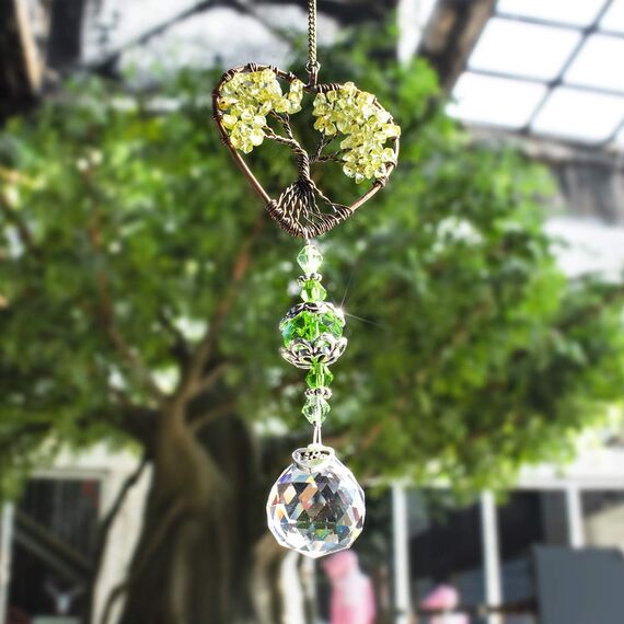 Glas-Sonnenfänger, Kristall-Anhänger, Regenbogenmacher, herzförmiger Lebensbaum, hängende Ornament, Innen- und Außenbereich, Grün