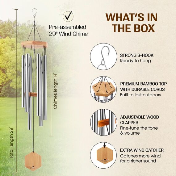 UpBlend Outdoors Premium-Windspiel für den Außenbereich – Windspiele für den Außenbereich, Garten, Terrasse, Windspiele im Freien, tiefer Ton, Geburtstagsgeschenkideen, für Frauen, 73.7 cm, Silber