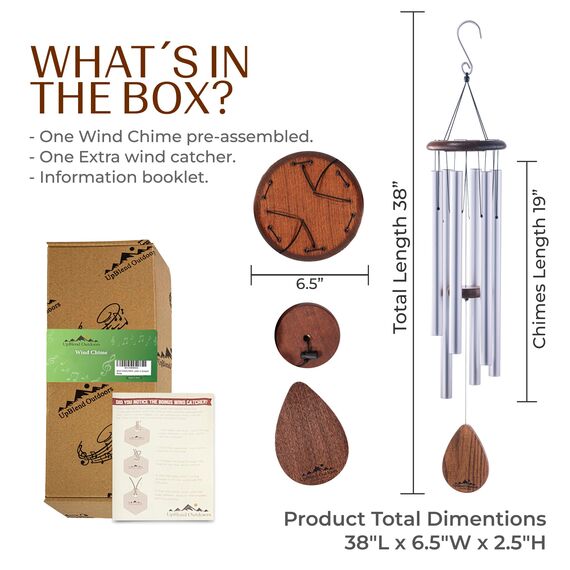 UpBlend Outdoors Large Wind Chime - The Classic Silver Havasu is 38” Total Length - Hand-Tuned and Beautiful as a Gift or for Your Patio, Garden, and Outdoor Home décor