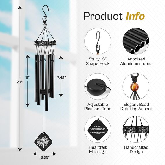 Solsken Home Gedenk-Windspiel – Beileids-Windspiel – entspannende, süße Töne – Schwarz – 73,7 cm