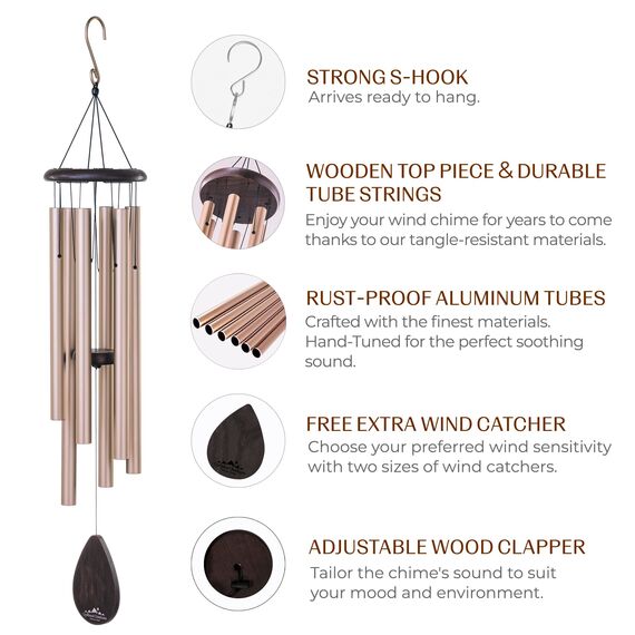 UpBlend Outdoors Large Wind Chime - The Classic Gold Havasu is 38” Total Length - Hand-Tuned and Beautiful as a Gift or for Your Patio, Garden, and Outdoor Home décor