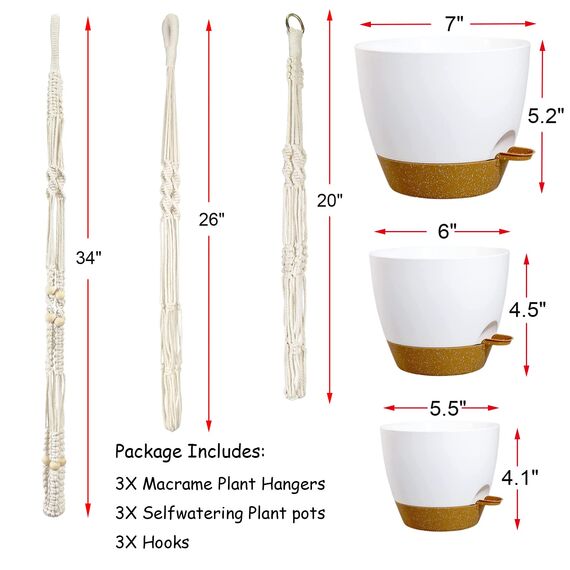Bouqlife Makramee-Pflanzenhänger mit selbstbewässernden Töpfen, 3 Stück, hängende Pflanzgefäße für Zimmerpflanzen