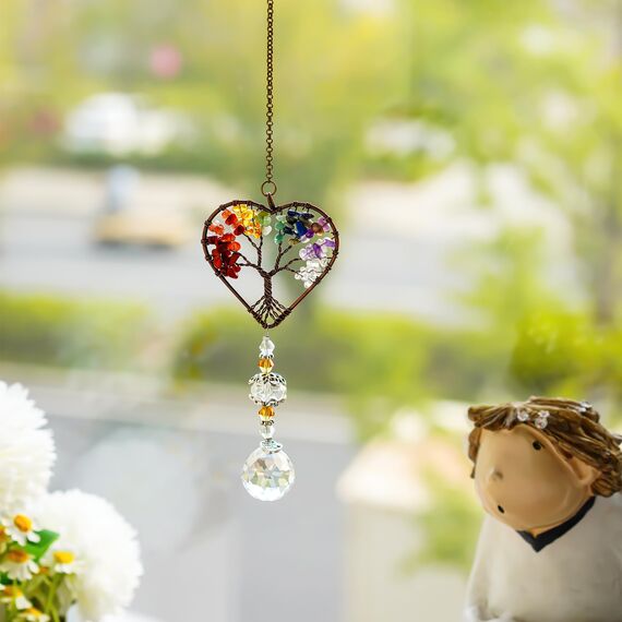H&D Hyaline & Dora Glas Sonnenfänger Kristallanhänger, Regenbogenmacher bunter herzförmiger Lebensbaum zum Aufhängen für drinnen und draußen