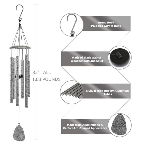 FSVGYY Windspiel für den Außenbereich, tiefer Ton, große beruhigende melodische Töne, Windspiele für draußen, Gedenk-Windspiel, Mutter, Frauen, Oma, Nachbarn (81,3 cm, Silber