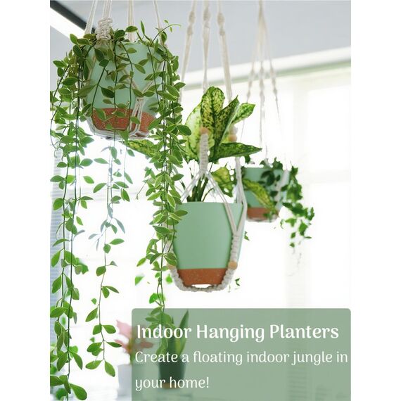 Bouqlife 3 Stück hängende Pflanzgefäße Makramee-Pflanzenhänger mit selbstbewässernden Töpfen für Zimmerpflanzen, hängende Pflanztöpfe, Korb, grün