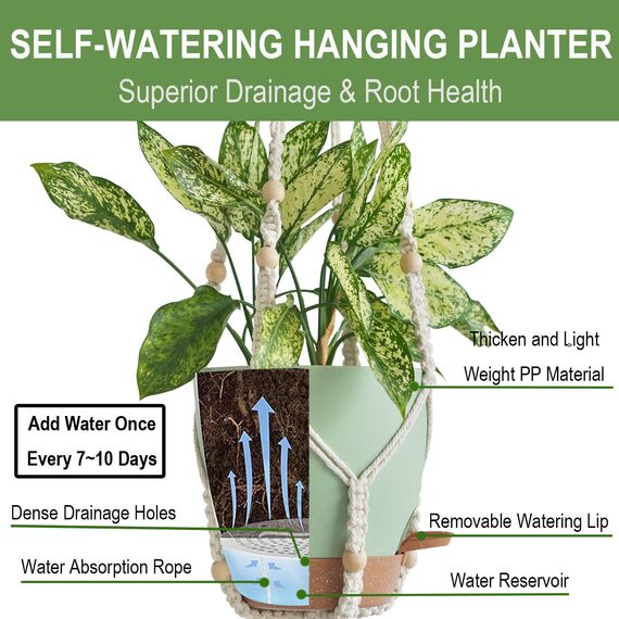 Bouqlife 3 Stück hängende Pflanzgefäße Makramee-Pflanzenhänger mit selbstbewässernden Töpfen für Zimmerpflanzen, hängende Pflanztöpfe, Korb, grün