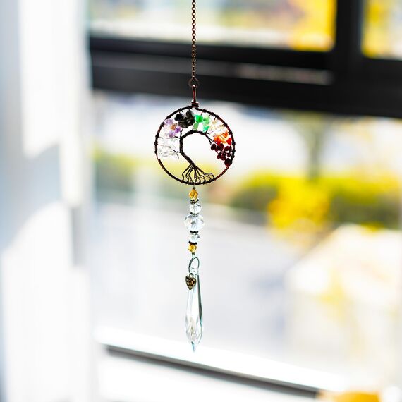 Kristallprismen-Anhänger aus Glas, zum Aufhängen, Lebensbaum, Sonnenfänger, bunt, hängende Dekoration, für den Außenbereich