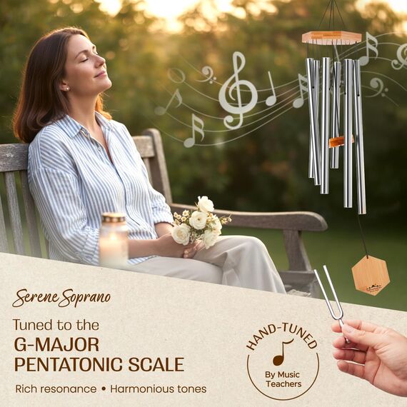 UpBlend Outdoors Premium-Windspiel für den Außenbereich – Windspiele für den Außenbereich, Garten, Terrasse, Windspiele im Freien, tiefer Ton, Geburtstagsgeschenkideen, für Frauen, 73.7 cm, Silber