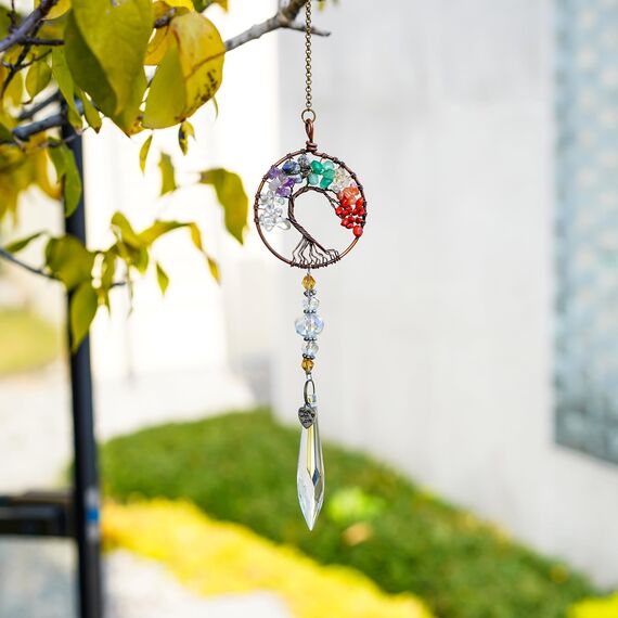 Kristallprismen-Anhänger aus Glas, zum Aufhängen, Lebensbaum, Sonnenfänger, bunt, hängende Dekoration, für den Außenbereich