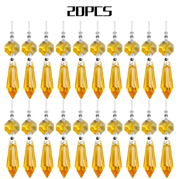 20 Stück Kronleuchter Eiszapfen Kristall U-Tropfen Prismen Lampenteile Glasanhänger Perlen für Hochzeit, Party oder Urlaubsdekoration, 37 mm, Gelb