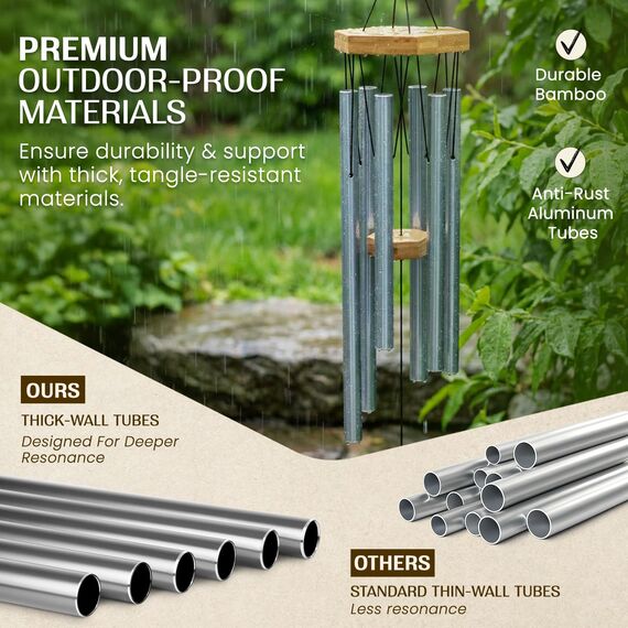 UpBlend Outdoors Premium-Windspiel für den Außenbereich – Windspiele für den Außenbereich, Garten, Terrasse, Windspiele im Freien, tiefer Ton, Geburtstagsgeschenkideen, für Frauen, 73.7 cm, Silber