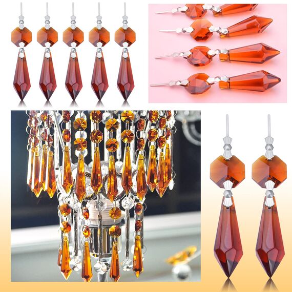 20 Stück Kristall Eiszapfen Prismen Kronleuchter Ersatz Tropfen Anhänger Octagon Kristall Glas Spitze Perlen für Hochzeit Weihnachten Vorhang Lampe Dekoration, Bernstein, 35 mm