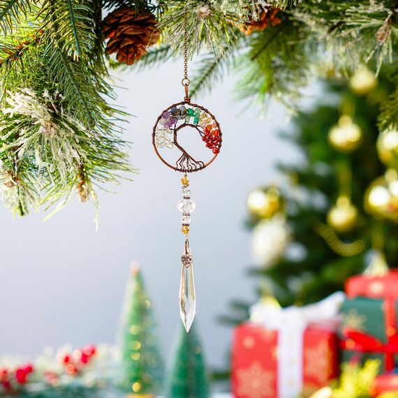 Kristallprismen-Anhänger aus Glas, zum Aufhängen, Lebensbaum, Sonnenfänger, bunt, hängende Dekoration, für den Außenbereich