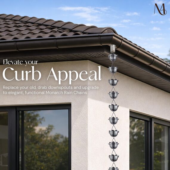 Monarch Rain Chains Aluminium-Lotus-Zinn-Regenketten für Dachrinnen, 2,6 m, dekorative Regenkette für den Außenbereich, langlebig, robuste Dachrinnenkette, Fallrohr, Moderne Regenketten für den
