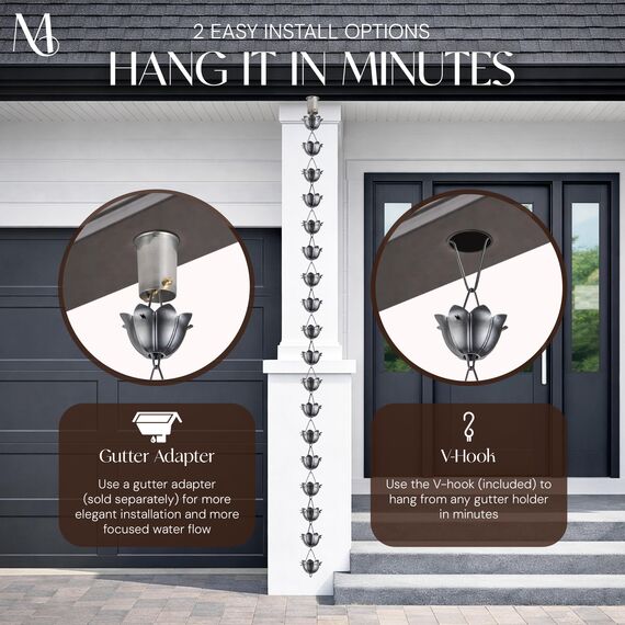 Monarch Rain Chains Aluminium-Lotus-Zinn-Regenketten für Dachrinnen, 2,6 m, dekorative Regenkette für den Außenbereich, langlebig, robuste Dachrinnenkette, Fallrohr, Moderne Regenketten für den