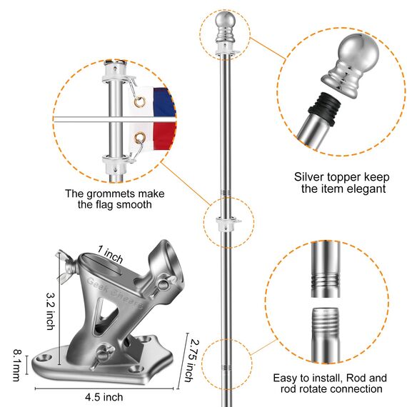 Geek Cheers Robuster Flaggenmast aus Edelstahl mit Flaggenhalterung, 2 Positionen für 2,5 cm Fahnenmast zur Wandmontage, für Haus, rostfreie Fahnenmasthalterung, silberfarben mit Bohraufsatz, 1 inch