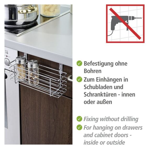 WENKO Einhängekorb Slim, Organizer zum Einhängen an Schranktür oder Schublade, Korb aus Metall, 24 x 11,5 x 10 cm, Chrom
