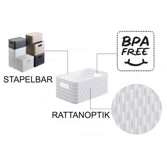 Rotho Country 3er-Set Aufbewahrungsbox 6l in Rattan-Optik, Kunststoff (PP) BPA-frei, weiss, 3 x A5/6l (28.0 x 18.5 x 12.6 cm), Nicht zutreffend