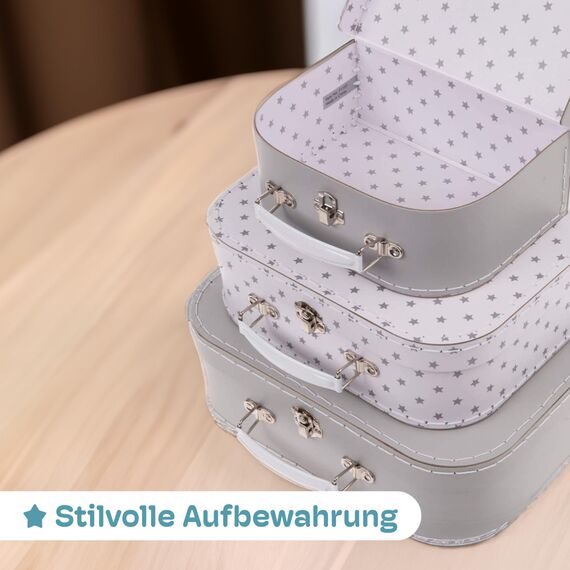 Jewelkeeper 3er-Set Kinderkoffer Hutschachtel - Stapelbare Pappkoffer für Geschenke, Dekoration, Aufbewahrung, Spielzeug, Fotos und Nähzubehör - Design mit grauen Sternen