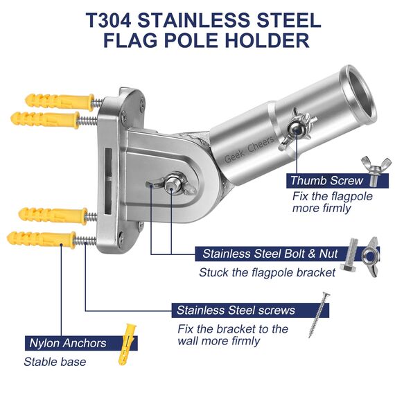 Geek Cheers Fahnenmasthalter, Multi-Positionen, Fahnenmasthalterung mit Hardware, T304 Edelstahl, silberfarbene Fahnenmasthalterung – robust und rostfrei, Verstellbarer Winkel, Halterung für 2,5 cm