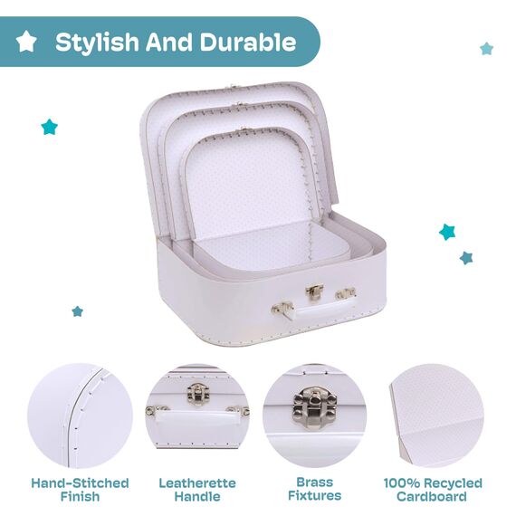 Jewelkeeper Koffer aus Karton, Vintage-Design, dekorative Aufbewahrungsbox, Aufbewahrungslösung, Dekor für Geburtstag und Hochzeit, Weiß, 3 Stück