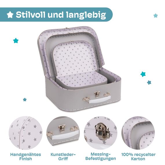 Jewelkeeper 3er-Set Kinderkoffer Hutschachtel - Stapelbare Pappkoffer für Geschenke, Dekoration, Aufbewahrung, Spielzeug, Fotos und Nähzubehör - Design mit grauen Sternen